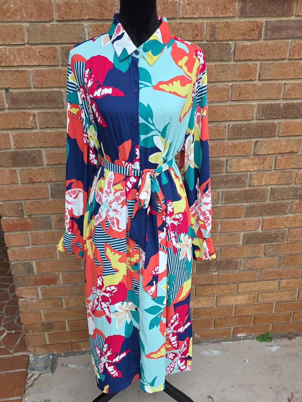 Chico's Vibrant Multicolor Floral Tie-Waist Long Sleeve Dress Size 16